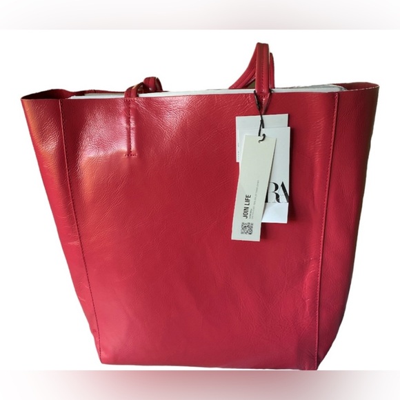Zara Handbags - NWT Zara genuine leather book tote bag, strawberry red, patent